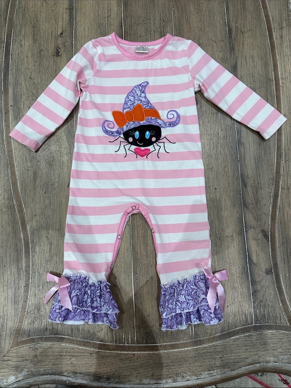 Girls Pink Stripe One-Piece Romper with Spider Appliqué